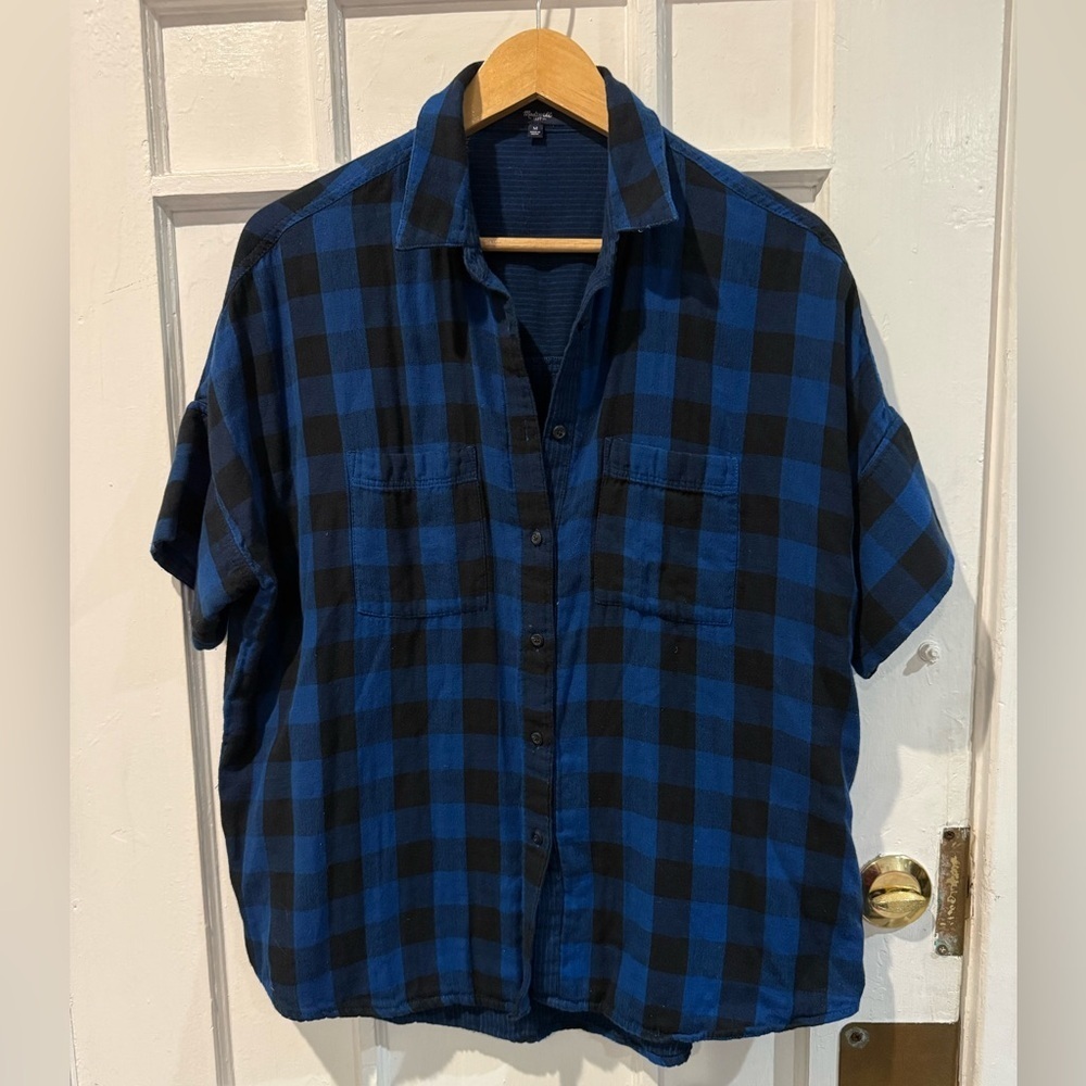 Madewell Blue and Black Checkered Women's Shirt